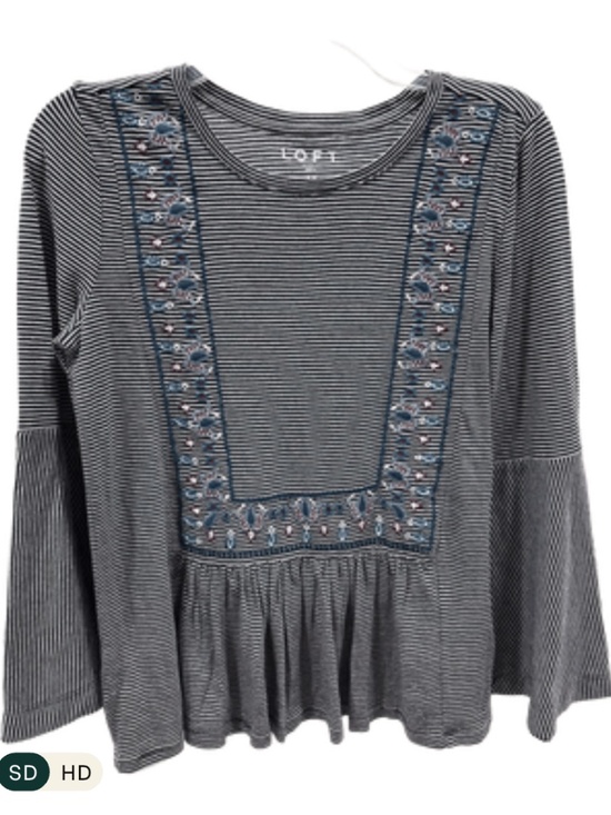 LOFT Tops - LOFT Navy & White Pinstripe/Embroidered Boho/Peasant Blouse — Size Small